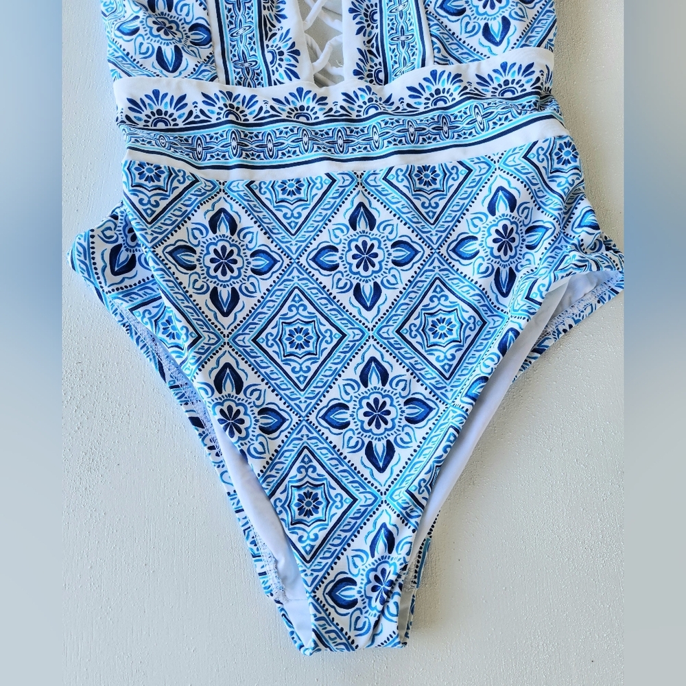 La Blanca Blue & White Tile-Print One-Piece Swim Suit with Lace-Up Front - Picture 6 of 9